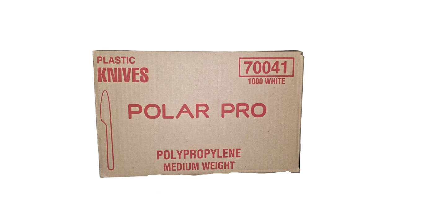 Cardboard box labeled 'Polar Pro' with 'Plastic Knives' on a warehouse background