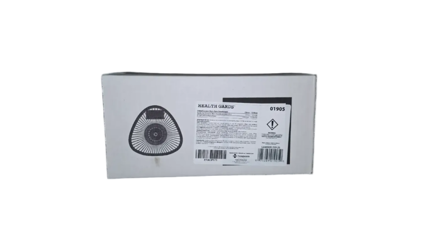 A white cardboard box of Health Gards Respirator Filter P1-1000, showing the product's packaging with a black graphic of the filter and a detailed specification label.