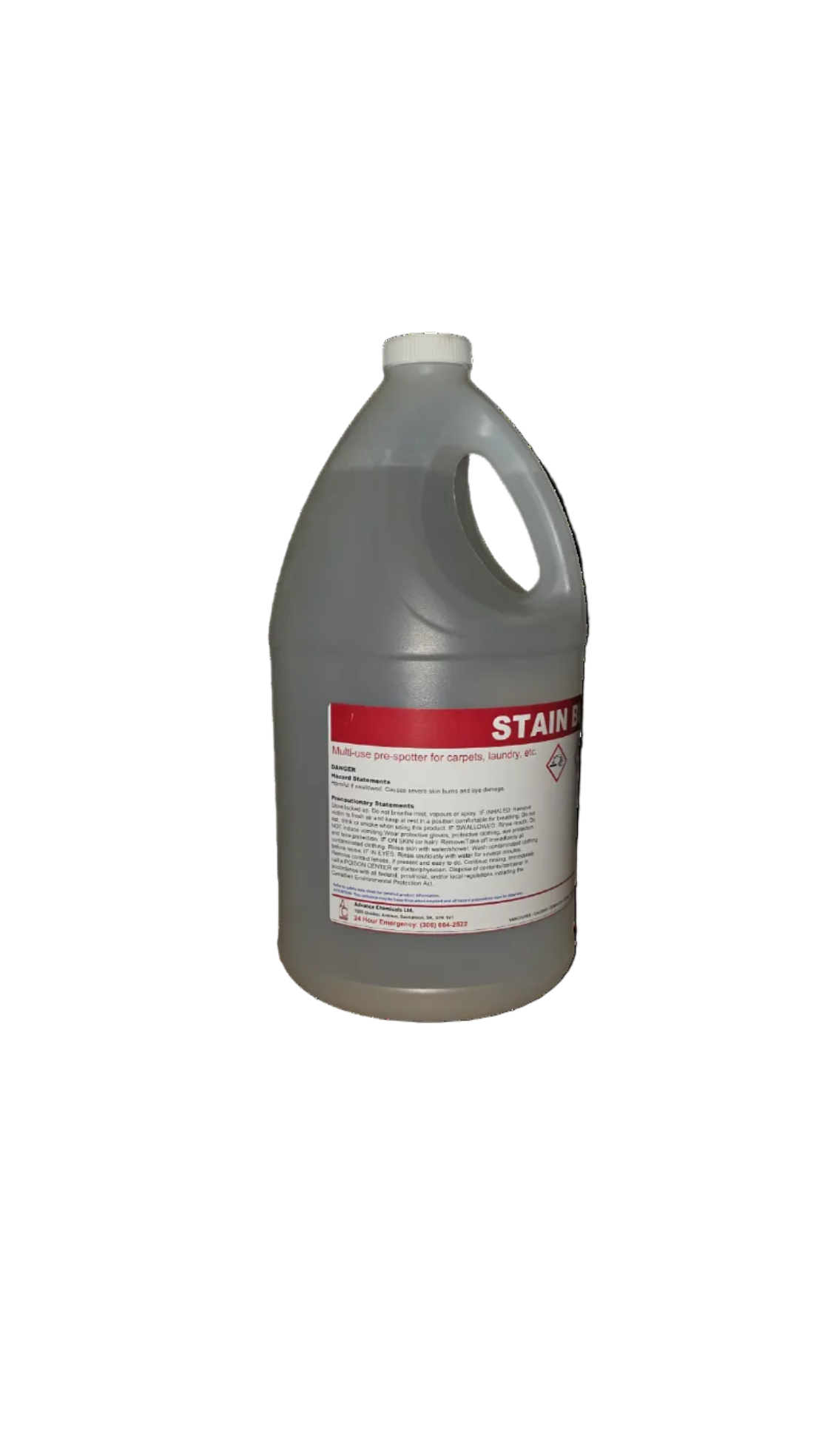 A large translucent gray plastic jug with a white handle and cap, featuring a white and red label that reads 'STAIN', on a plain white background.