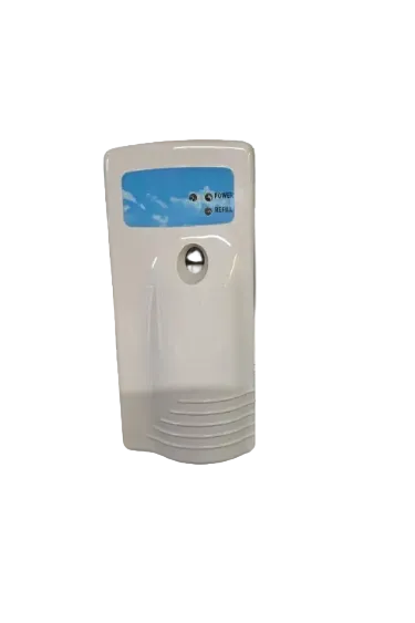 A white wall-mounted dispenser with a blue sky graphic on the upper panel, featuring power and refill indicator lights and a central circular opening.