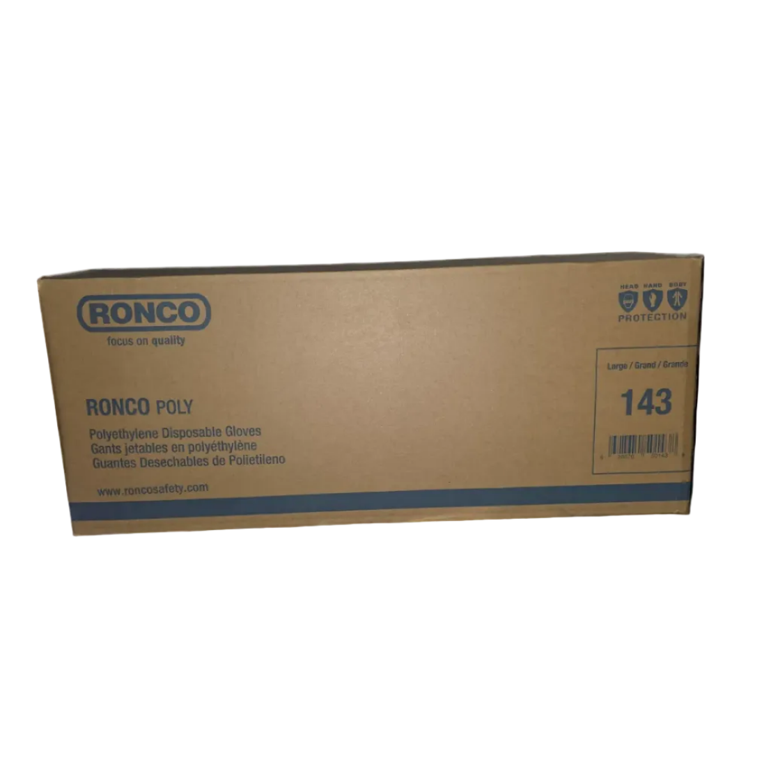 A brown cardboard box of Ronco Poly Large Size Disposable Gloves, model number 143, with blue printed text and branding.