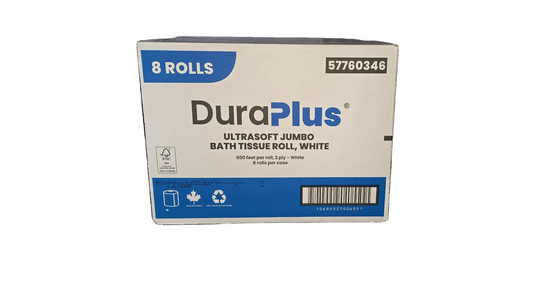 Box of DuraPlus ultra soft jumbo bath tissue rolls on a white background