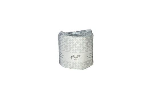 Roll of white paper towel with 'Pur Value' branding on a white background