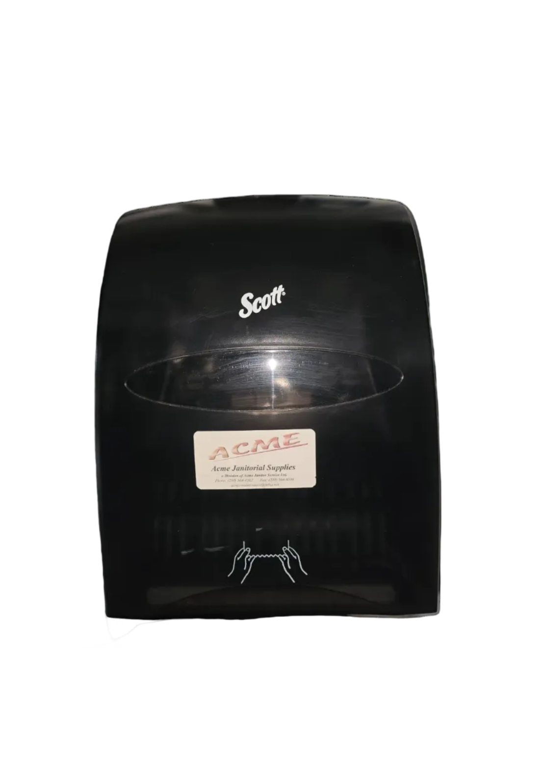 A black countertop hand dryer by Scott, featuring a clear plastic window showing the interior drum, a white ACME sanitary supplies label on the front, and white hand-washing icon graphics near the bottom.