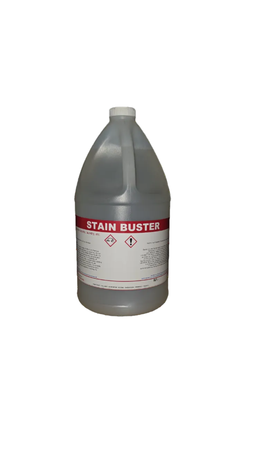 A large translucent plastic gallon-style jug labeled 'STAIN BUSTER' with a white cap, shown on a plain white background.