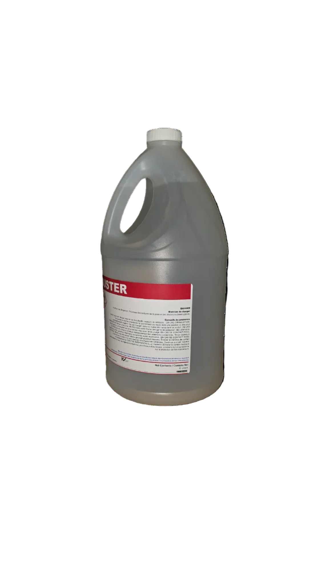 A translucent gray plastic gallon jug with a white cap and a white label featuring a red banner, isolated on a white background.
