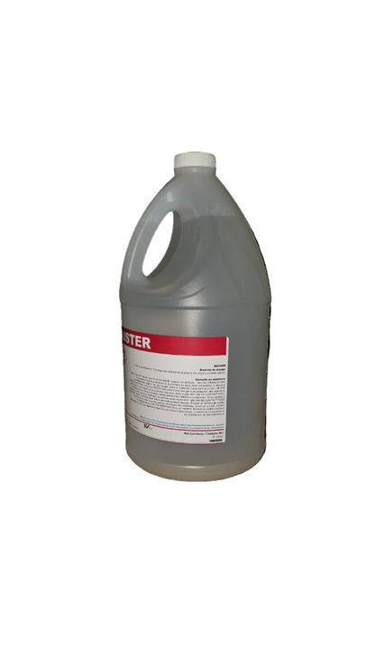 A translucent gray plastic gallon jug with a white cap and a white label featuring a red banner, isolated on a white background.