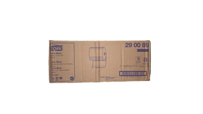 A brown cardboard box of Tork Tork-Matic hand towels, featuring blue printed text, product details, and a barcode on a plain white background.