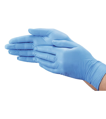 A single blue nitrile glove designed for medical or laboratory use.